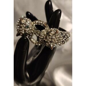 VTG Double Panther Head Rhinestone Hinged Bangle Bracelet Silver Tone READ